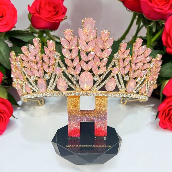 Pink Wedding Tiara, Gold Goddess Headband, Princess Crystal Crown, quinceanera